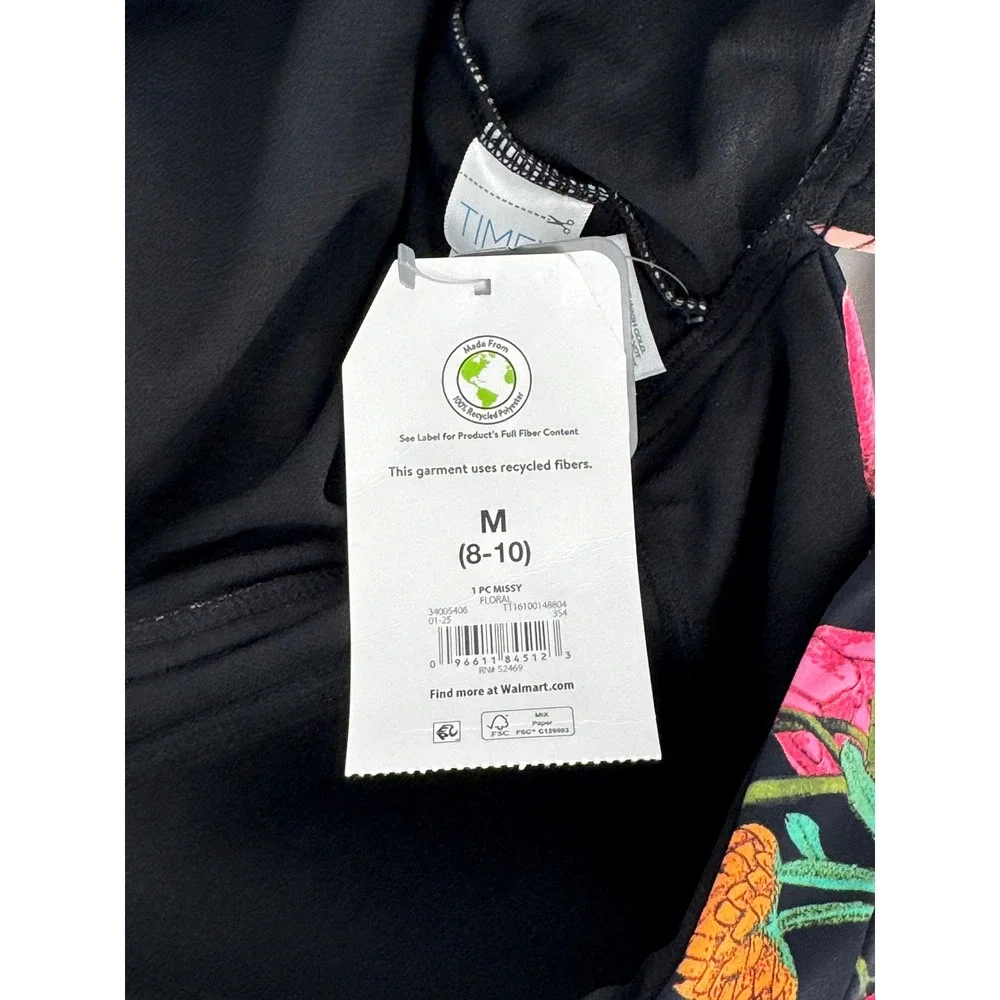 Time And Tru Slimming Silhouette One Piece‎ Swimsuit Black Pink Tropical Sz M